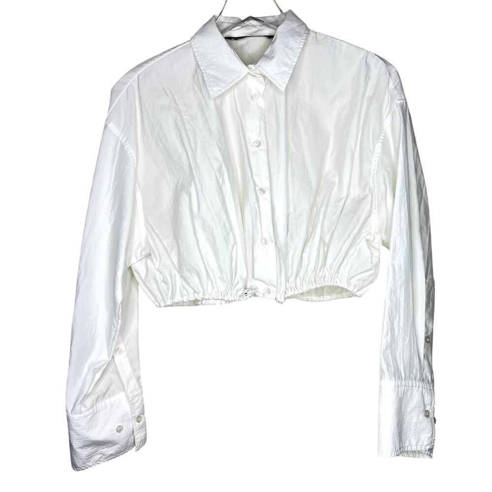 Zara Cropped Drawstring Waist Button Up Long Sleeve Blouse Top White SMALL